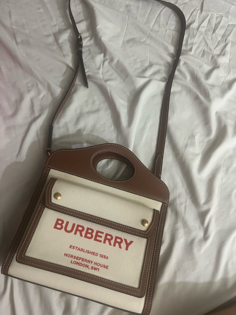 Burberry Cream Canvas Crossbody with Brown Leather Trim and Red Logo